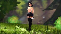 belt boots breasts cat_ears cat_tail clothes collar dark_hair female forest glasses grass high_heels miss_pauling nipples pale partially_clothed skinny skirt smile solo source_filmmaker team_fortress_2 thick_thighs topless trees ughhh..._vinyl! wide_hips