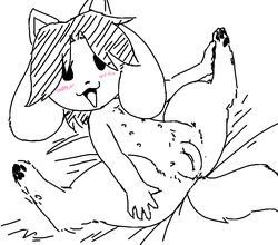 4_ears beady_eyes black_and_white blush canid canine felid feline female feral genitals hair looking_at_viewer lying mammal monochrome multi_ear multi_nipple nipples nude on_back open_mouth open_smile pawpads presenting presenting_pussy pussy simple_background smile solo spread_legs spreading tem temmie_(undertale) thick_thighs unawarey undertale video_games