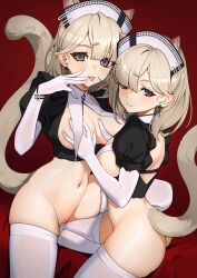 2girls animal_ear_fluff animal_ears areolae arknights bangs black_eyes breast_grab breasts brown_hair cameltoe cat_girl cat_tail cleavage cleft_of_venus clitoris clothing curvaceous curvy_female dripping_semen earrings elbow_gloves ett eyebrows_visible_through_hair female female_only gloves groping hair_between_eyes high_resolution kazemaru_(arknights) labia large_filesize legwear leotard licking_lips light-skinned light-skinned_female lips long_hair looking_at_viewer maid medium_breasts multiple_girls navel nekomimi no_bra piercing pink_lips see-through semen semen_on_body shiny_skin short_hair stockings tail thighhighs thighs tongue tongue_out vaginal_juices very_high_resolution voluptuous white_gloves white_legwear white_stockings white_thighhighs