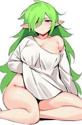 aoba_(guardian_tales) big_breasts curvy_female cute fairy green_hair guardian_tales hair_over_one_eye leaf_fairy_aoba_(guardian_tales) lifting_shirt light_blush looking_at_viewer messy_hair ndgd no_underwear pointy_ears purple_eyes sleepy slightly_chubby thick_thighs very_long_hair video_games voluptuous white_shirt