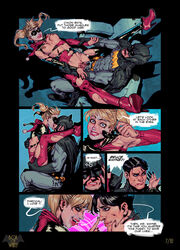 1boy 1girls ankle_boots areolae batman batman_(series) batquinn big_penis black_hair blonde_hair blue_eyes boots bouncing_breasts boxofwant breasts bruce_wayne comic comic_page couch couch_sex dc dc_comics domino_mask english_text harley_quinn harley_quinn_(classic) high_heel_boots holding_arms kissing kissing_while_penetrated legs_up light-skinned_male light_skin makeup makeup_running nipples page_7 page_number penis sex sitting sofa torn_bodysuit torn_clothes twintails unmasked vaginal_penetration villainess