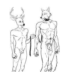 2020 abs absurd_res anthro antlers balls beastars black_and_white canid canine canis cervid collar duo ffog flaccid foreskin genitals hi_res horn humanoid_genitalia humanoid_penis leash legoshi_(beastars) looking_at_another louis_(beastars) male male_only mammal monochrome muscular muscular_anthro muscular_male navel nude penis pubes simple_background standing uncut white_background wolf