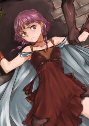 1girls angry bare_shoulders cape collarbone dress fire_emblem fire_emblem:_the_sacred_stones frown gangrape gloves imminent_rape kurov lute_(fire_emblem) nintendo purple_eyes purple_hair restrained small_breasts