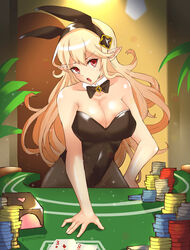 1340smile 1girls :o absurdres alternate_costume animal_ears artist_name black_neckwear blackjack_table blonde_hair bow bowtie breasts bunny_ears bunny_girl bunnysuit card cleavage corrin_(fire_emblem) corrin_(fire_emblem)_(female) detached_collar english_commentary eyebrows_visible_through_hair fake_animal_ears female fire_emblem fire_emblem_fates hair_between_eyes highres large_breasts leaning_forward leotard nintendo open_mouth pantyhose playboy_bunny playboy_bunny_leotard playing_card pointy_ears poker_chip poker_table red_eyes solo solo_female