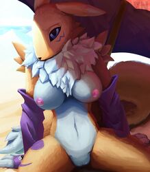 2020 absurd_res anthro beach breasts clothed clothing digimon digimon_(species) digital_media_(artwork) female genitals hi_res lennoxicon nipples outside partially_clothed pussy renamon seaside sitting solo