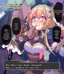 1girls 2boys armor blonde_hair blush brown_hair captured_heroine english_text female game_mechanics game_ui green_eyes health_bar heart-shaped_pupils heroine_in_trouble hoshina_meito hypnosis imminent_rape imminent_sex incubus level_drain male mind_control scared skirt tears text translated