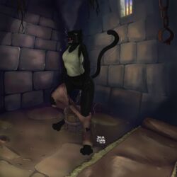 1:1 2020 absurd_res anthro azhani barefoot bars bedroll bethesda_softworks black_body black_fur black_hair bodily_fluids bottomwear breasts bucket chains clothed clothing crying digitigrade fangs felid female fur genital_fluids genitals hair hi_res inside jailor_eckman khajiit mammal moss motion_lines omorashi open_mouth pants pants_down partially_clothed peeing pink_nose prison pussy signature sleeveless small_breasts solo tears teeth the_elder_scrolls torn_bottomwear torn_clothing torn_pants urine urine_pool video_games