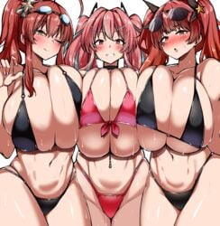 3girls azur_lane bikini breasts bremerton_(azur_lane) choker eyewear_on_head glasses_on_head honolulu_(azur_lane) honolulu_(summer_accident?!)_(azur_lane) huge_breasts light-skinned_female light_skin long_hair looking_at_viewer mole multicolored_hair multiple_girls navel_piercing o-ring_bikini one_eye_closed piercing pink_bikini pink_hair red_eyes red_hair shinori side_ponytail smile sunglasses sunglasses_on_head sweat sweaty sweaty_breasts swimsuit twintails wet white_background yellow_eyes zara_(azur_lane) zara_(poolside_coincidence)_(azur_lane)