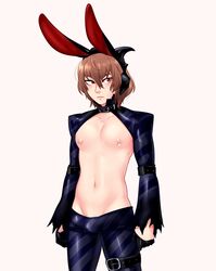 1boy bulge bunnysuit gay goro_akechi lymerikk male male_only megami_tensei nipple_piercing persona persona_5 pierced_nipples presenting reverse_bunnysuit solo yaoi