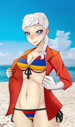 armenian_flag beach belly_button bikini_under_clothes blue_eyes bra braided_ponytail breasts cleavage collarbone flag_bikini front_view gloves iron_armenian lady_baron looking_at_viewer midriff shirt_lift smug_face thong underboob white_hair