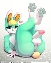 2021 4_fingers animal_crossing anthro anus ass backsack balls big_butt big_penis blonde_hair countershade_torso countershading digital_media_(artwork) don_ko eyelashes femboy fingers fur furry furry_only genitals girly green_body green_fur hair half-erect heart hi_res humanoid_genitalia humanoid_penis lagomorph legs_up leporid looking_at_viewer male male_anthro male_only mammal multicolored_body nintendo nipples nude pawpads paws penis presenting presenting_hindquarters presenting_penis purple_eyes rabbit sasha_(animal_crossing) shaded short_hair simple_background solo tail thick_thighs tongue video_games white_body