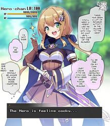 1girls armor blonde blonde_hair blue_cape brown_hair cape cocky confident english_text female game_mechanics game_ui green_eyes health_bar hoshina_meito level_drain ribbon skirt smile smiling solo speech_bubble sword text thumbs_up translated weapon