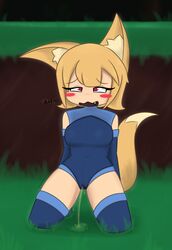 1girls 2020 blonde_hair blush clothed clothing female female_only forest forest_of_the_blue_skin fox_ears fox_girl fox_tail kneehighs leotard looking_pleasured looking_up makifei omorashi on_knees open_mouth peeing relief short_hair solo urine