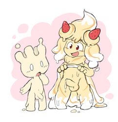 2020 2boys alcremie alternate_species balls blush blush_lines clothed clothing clothing_lift dress dress_lift duo erection femboy food food_creature food_humanoid fruit genitals girly goo_creature goo_humanoid hi_res humanoid humanoid_genitalia humanoid_penis humanoidized male male/male male_alcremie male_milcery milcery navel nintendo nude oob open_mouth penis plant pokémon pokémon_(species) precum_drip presenting presenting_penis red_eyes rule_63 simple_background size_difference standing strawberry toony video_games young