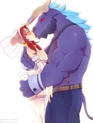 1boy 1girls alistar anthro blush blushing breast_press breast_press_on_chest breast_squeeze breast_squish breasts breasts_out bride bride_veil bulge deep_kissing female french_kiss hand_on_bulge hand_on_crotch katarina_du_couteau kissing league_of_legends lewdvelli looking_at_another looking_at_partner male minotaur monster muscular muscular_male nivelli part_1 penis red_eyes red_hair riot_games simple_background squeezing_butt tagme teratophilia tongue_kiss topless_male touching_penis wedding_band wedding_dress wedding_lingerie wedding_veil