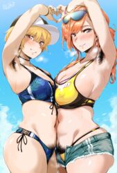 2020 2girls absurdres arisugawa_natsuha armpit_hair armpits artist_name artist_signature bikini blonde_hair blue_bikini blush breasts brown_eyes clenched_teeth denim denim_shorts erect_nipples erect_nipples_under_clothes excessive_pubic_hair female female_focus female_pubic_hair hairy_armpits hairy_pussy heart heart_hands heart_hands_duo heavy_breathing hero_neisan high_resolution highres idolmaster idolmaster_shiny_colors large_breasts looking_at_viewer mole_on_armpits multiple_girls navel orange_hair pink_eyes pubic_hair pubic_hair_peek saijou_juri shorts sideboob signature skindentation small_breasts smile steaming_body swimsuit symmetrical_docking take_your_pick very_high_resolution yellow_bikini yellow_swimsuit