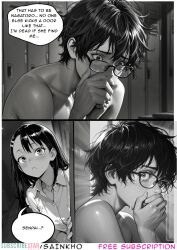 ai_generated artist_name black black_hair blush breasts comic comic_page english_text female glasses hayase_nagatoro interior kick kicking locker_room male medium_breasts miniskirt monochrome naked_male naoto_hachioji_(senpai) please_don't_bully_me,_nagatoro sainkho scared scared_expression school_uniform schoolgirl speech_bubble tears white_shirt