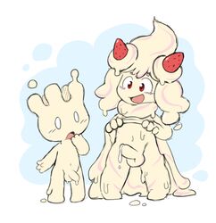 2020 2boys alcremie alternate_species balls blush blush_lines clothed clothing clothing_lift dress dress_lift duo erection femboy food food_creature food_humanoid fruit genitals girly goo_creature goo_humanoid hi_res humanoid humanoid_genitalia humanoid_penis humanoidized male male/male male_alcremie male_milcery milcery navel nintendo nude oob open_mouth penis plant pokémon pokémon_(species) precum_drip presenting presenting_penis red_eyes rule_63 simple_background size_difference standing strawberry toony video_games young