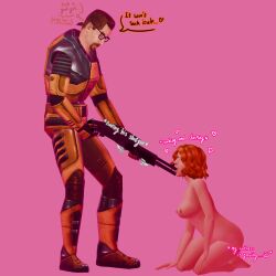 big_hands breasts curly_hair curvy_female drooling female ginger_hair gloved_hands gordon_freeman green_eyes gun gunplay half-life_(series) hev_suit male maledom/femsub on_her_knees original_character self_insert selfship selfshipping shotgun small_breasts smaller_female sucking taller_male wet_mouth