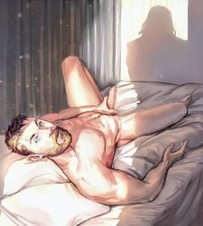 1boy aivelin asgardian beard bed blonde_hair blue_eyes caught caught_in_the_act caught_masturbating chris_hemsworth completely_naked cum erect_nipples erection facial_hair holding_penis human human_only light-skinned_male light_skin loki_(marvel) looking_at_another male male_only marvel masturbation mustache nude partially_retracted_foreskin penis shadow spread_legs thor_(marvel) thor_(series) uncut