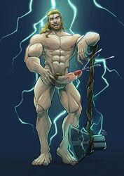 1boy abs axe beard biceps blonde_hair blue_eyes cum human human_only light-skinned_male light_skin lightning long_hair male male_only marvel muscular solo solo_male stormbreaker the_nick_indaname thor_(marvel) thor_(series) weapon