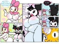 2025 2girls akuro_(hello_kitty) anthro areola areolae ass background_character big_areolae big_breasts black_clothing blush bow breasts bunny bunny_girl bunny_tail cassettedream comic devil_tail dialouge digital_media dream-cassette exclamation_point exposed_breasts exposed_pussy female hello hoshime hugebreasts kuromi my_melody nipples nude onegai_my_melody pink_clothing pussy sanrio shocked_expression speech_bubble text thick_thighs vagina