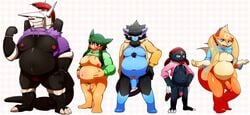 absurd_res aggron animal_genitalia anthro balls black_body black_fur blush bottomless claws clothed clothing felid flaccid floatzel fur geiru_mirua genital_slit genitals group hair hair_over_eye hi_res hoodie horn luxray male mammal moobs nintendo one_eye_obstructed overweight overweight_anthro overweight_male penis pokemon pokemon_(species) red_eyes slit smile topwear typhlosion video_games weavile