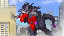 4_arms 6_eyes anthro balls being_watched big_balls big_breasts big_penis black_body bodily_fluids borisalien breast_grab breasts city corinoch demon destruction duo female from_side genital_fluids genitals grin hand_on_breast hi_res horn humanoid leaning_on_wall leering looking_at_another machine macro macro_on_macro male male/female mecha multi_arm multi_eye multi_limb penis pussy raised_leg red_body robot robot_humanoid sex smile standing standing_sex vaginal_fluids vaginal_fluids_on_penis
