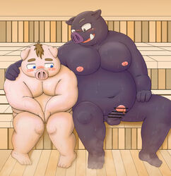 2020 anthro balls belly blush censored domestic_pig duo erection genitals hi_res hug humanoid_hands inside kemono kurozatou male male/male mammal moobs navel nipples overweight overweight_anthro overweight_male penis sauna sitting suid suina sus_(pig) wet wild_boar