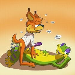 anal anal_sex argon_vile bobcat bodily_fluids bottomless bubsy_(series) bubsy_bobcat clothed clothing cowgirl_position cum cum_in_clothing cum_through_clothing cum_while_penetrated dialogue duo ejaculation english_text erection felid feline from_front_position frottage fur gecko genital_fluids genitals gex_(series) gex_the_gecko green_body hands-free hi_res lidded_eyes lizard long_penis lynx male male/male mammal on_bottom on_top orange_body orange_fur penetration penile penis penises_touching reptile scalie sex shirt shirt_only smug sweat tail tail_fetish tail_in_ass tail_insertion tail_play tail_sex text topwear topwear_only wet wet_clothing