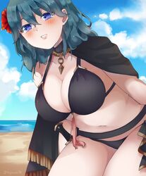 1girls alternate_costume bare_legs bikini black_bikini black_swimsuit blue_eyes blush breasts byleth_(fire_emblem) byleth_(fire_emblem)_(female) byleth_(summer)_(fire_emblem)_(female) cape cleavage female fire_emblem fire_emblem:_three_houses fire_emblem_heroes flower hair_flower hair_ornament highres kyo-usa kyousa38 large_breasts medium_hair nintendo solo swimsuit