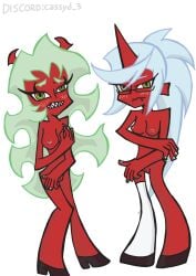 2demons 2girls artstyle_imitation blue_hair cassyd colored commission commissioner_name commissions_open covering demon demon_girl demon_girls demon_horns demons embarrassed_nude_female enf female female_only green_hair kneesocks kneesocks_(psg) kneesocks_daemon naked nipples painted_fingernails painted_nails panty_&_stocking_with_garterbelt pink_nipples pink_pussy pink_pussy_lips pussy pussy_exposed red_body request requested scanty_daemon shoes shoes_only