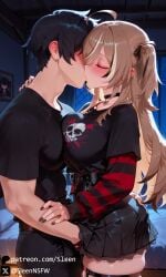 1boy 1boy1girl 1girls ai_generated bedroom big_breasts blush breasts busty chocker closed_eyes clothed clothed_female clothing emo emo_girl faceless_male female fingering hair_over_one_eye hand_under_clothes hand_under_skirt hololive hololive_english hololive_english_-council- hololive_english_-promise- kissing male nanashi_mumei nanashi_mumei_(emo) revealing_clothes sleen straight thick_thighs thigh_strap virtual_youtuber vtuber wide_hips