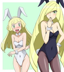 2girls aether_foundation alternate_costume animal_ears bare_shoulders belly_button big_breasts black_legwear black_leotard blonde_hair blonde_hair_over_one_eye blush border braid breasts bunny_ears bunny_tail bunnysuit cameltoe cleavage collarbone covered_navel covering_mouth cowboy_shot detached_collar embarrassed fake_animal_ears female female_focus female_only french_braid green_background green_eyes hair_over_one_eye hand_on_hip hand_up headband human kuro_hopper leotard lillie_(pokemon) long_blonde_hair long_hair lusamine_(pokemon) medium_breasts mother_and_daughter multiple_females multiple_girls nintendo nose_blush older_female open_mouth pantyhose pantyhose_removed pokemon pokemon_sm shiny shiny_clothes shiny_hair shiny_skin shocked shocked_expression shoulders simple_background small_breasts standing strapless strapless_leotard tail tied_hair white_border white_headband white_leotard wrist_cuffs yellow_hair younger_female