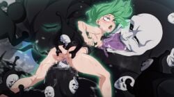 black_sperm breasts censored commentary english_commentary female green_hair highres jcm2 monster mosaic_censoring nipples one-punch_man paid_reward_available raped raped_by_enemy raped_by_monster small_breasts straight tatsumaki torn_clothes