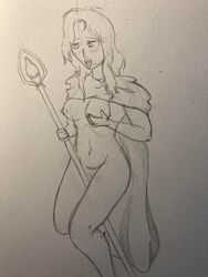 1girls blush breast_grab cape fire_emblem fire_emblem:_thracia_776 grabbing_own_breast long_hair masturbation medium_breasts naked_cape nipples oakenveil rubbing_pussy safy_(fire_emblem) sketch solo solo_female staff tongue tongue_out