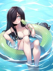 1girls aria_(parororo) aria_wintermint bikini black_hair blush cleavage day female green_eyes hair_over_one_eye original original_character pale-skinned_female pale_skin parororo pool pool_float popsicle source_request swimsuit tagme water wholesome