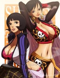 2girls bare_legs bare_thighs big_breasts black-haired_female black_hair breasts cigarette clothed clothing color female female_focus female_only hi_res inner_sideboob large_breasts light-skinned_female light_skin long_hair one_piece rakara11 rakkarts shakuyaku shounen_jump smoking solo_female tagme thick_thighs