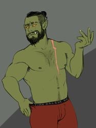 1boy abs bara boxers dnd dungeons_and_dragons fangs green_skin kraujas male male_only muscles orc orc_male pointy_ears red_underwear solo underwear