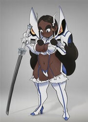 1girls black_eyes black_hair blush cosplay crossover curvaceous curvy dark_skin duppio embarrassed female_only frown frowning high_heels junketsu junketsu_(cosplay) kill_la_kill kiryuuin_satsuki_(cosplay) large_ass large_breasts long_hair oona_anderson_(duppio) shortstack skimpy skimpy_clothes sword thick_thighs thong