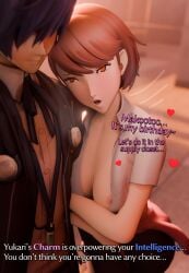 3d amateurthrowaway assertive_female blender brown_hair charmed female gameplay_mechanics grabbing grabbing_another's_arm makoto_yuki megami_tensei nipple_slip nipples_visible_through_clothing persona persona_3 persona_3_reload propositioning school_uniform short_hair sweater_around_waist text unbuttoned unbuttoned_shirt yukari_takeba yukari_takeba_(summer_uniform)