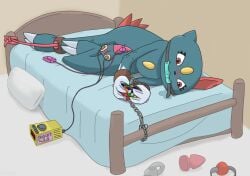 ankle_cuffs asymmetrical_ears ball_gag balls bit_gag blush bodily_fluids buttplug cable chains cock_and_ball_torture cock_and_balls_torture cuff_(restraint) egg_vibrator electrode electrode_pad electrostimulation feral fuzzo gag generation_2_pokemon genital_fluids genital_torture genitals leather leather_cuffs male nintendo penis plug_(sex_toy) pokemon pokemon_(species) precum red_ball_gag remote_controlled_vibrator restraints rope rubik&#039;s_cube sex_toy sneasel solo vibrator wrist_cuffs