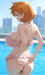 ai_generated ass back bare_arms bare_shoulders bikini blush breasts curvaceous frilled_bikini frilled_swimsuit frills green_eyes halterneck huge_ass huge_breasts kasumi_(pokemon) large_ass large_breasts median_furrow misty_(pokemon_hgss) orange_hair pink_bikini pink_swimsuit pokemon short_hair shoulder_blades sideboob strap_gap swimsuit thick_ass thighs white_bikini white_swimsuit