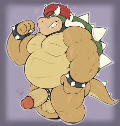 1boy anthro balls belly big_belly bowser collar desertb0ar erection fat fat_belly fat_male flexing flexing_bicep furry furry_male furry_only genitals hair hi_res horns koopa male male_only mario_(series) muscles muscular nintendo nude obese obese_anthro obese_male overweight overweight_anthro overweight_male pecs penis pure_command red_hair reptile scalie shell solo solo_focus solo_male spiked_collar spiked_shell spikes thick_thighs yellow_skin