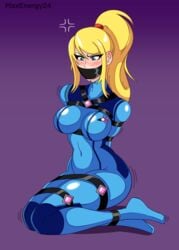 1girls angry arms_behind_back arms_tied belt_bondage blonde_hair blue_eyes blush bodysuit bondage bound breasts covered_breasts curvy curvy_female female female_only femsub fully_clothed gag gagged legs_tied maxenergy24 metroid mouth_gag nintendo png ponytail purple_background samus_aran signature simple_background tape tape_gag taped_mouth tied_up tight_clothing zero_suit zero_suit_samus