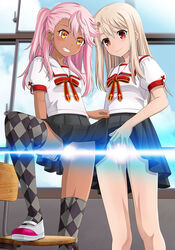 2girls argyle argyle_legwear bangs black_panties black_skirt blonde_hair blushing censored chair chloe_von_einzbern commentary dark-skinned_female dark_skin day fate/kaleid_liner_prisma_illya fate_(series) female female_only grin hair_between_eyes highres homurahara_academy_uniform illyasviel_von_einzbern indoors lifted_by_self light_censor long_hair looking_at_viewer multiple_girls no_panties one_side_up panties pink_hair pleated_skirt puffy_short_sleeves puffy_sleeves red_eyes school_uniform shirt short_sleeves skirt skirt_lift smile thighhighs tooo underwear white_shirt window yellow_eyes