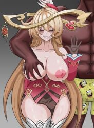 1boy 1girls 2025 absurd_res absurdres alice_(genshin_impact) bare_shoulders blonde_hair blush breast_grab breasts collarbone dark-skinned_male dark_skin female genshin_impact gloves grabbing grabbing_from_behind gradient gradient_background hat hat_feather heart hoyoverse interracial kara_(artist) large_breasts light-skinned_female light_skin long_hair male mihoyo multiple_boys multiple_males netorare nipples ntr smile solo_focus spongebob_squarepants straight thighhighs thighs witch_hat