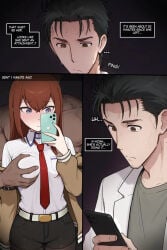 steins;gate makise_kurisu coiefen snowbunny netorase ai_generated ai_assisted ai ai-created ai_art okabe_rintarou dialogue text text_bubble jacket jacket_partially_removed jacket_off_shoulders red_necktie necktie labcoat t-shirt blush blushing sweat hair hair_between_eyes eyes eyes_open open_eyes mouth_closed closed_mouth tongue white_background white_skin white_body light_skin light-skinned_female light-skinned_male light_body 1girls 1girl caption story story_in_picture 2boys 2boys1girl dark_skin dark-skinned_male dark_body black_body brown_body brown_skin grabbing grabbing_from_behind grabbing_breasts grabbing_another's_breast breasts smartphone holding holding_object holding_phone phone