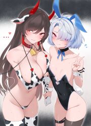 ... 2girls alternate_version_available big_breasts black_hair breasts bunny_ears bunnysuit choker collar cow_ears cow_girl cow_print cowbell detached_cuffs elite_ninja_natsume_(guardian_tales) female guardian_tales hi_res kuda_aer_(artist) kunoichi_sumire_(guardian_tales) leash light_blue_hair long_gloves magenta_eyes natsume_(guardian_tales) peace_sign red_eyes ribbon small_breasts sumire_(guardian_tales) v_sign