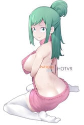 1girls age_regression ass ass_cleavage backless backless_outfit barefoot big_breasts butt_crack female female_only green_eyes green_hair hotvr inko_midoriya kneeling large_breasts legwear long_hair mature_female milf mother my_hero_academia no_bra no_panties no_underwear revealing_clothes seiza shounen_jump sideboob simple_background sitting smile stockings sweater virgin_killer_sweater white_background younger_female